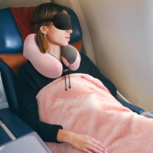 Travel Pillow and Blanket Set with Memory Foam and Sleep Mask