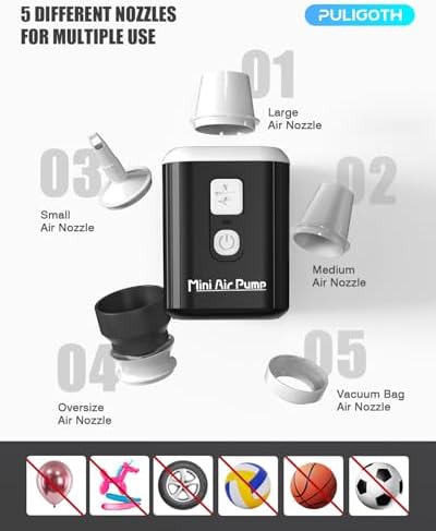 Puligoth Portable Air Pump with LED Light and 5 Nozzles