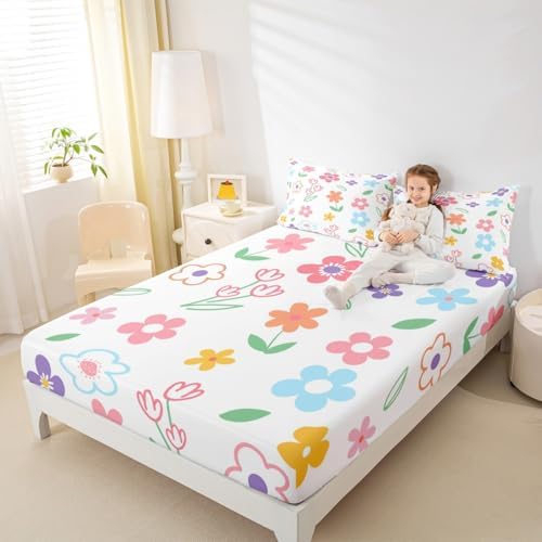 Manfei Kids Cartoon Floral Fitted Sheet Set with 2 Pillowcases