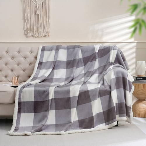 Gracelife Checkered Sherpa Fleece Throw Blanket Grey Twin