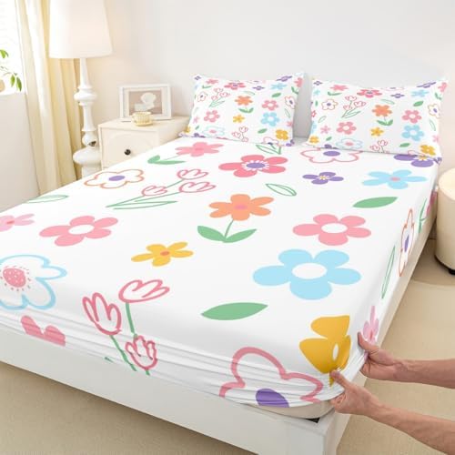 Manfei Kids Cartoon Floral Fitted Sheet Set with 2 Pillowcases