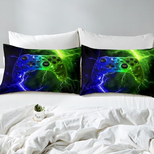 Castle Fairy Gaming Fitted Sheet Twin Size Set Blue Green Lightning