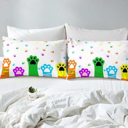 Manfei Colorful Cat Paws Queen Fitted Sheet Set