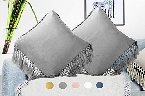 Velvet Throw Pillow Cases with Tassels 18x18 Pack of 2 Gray
