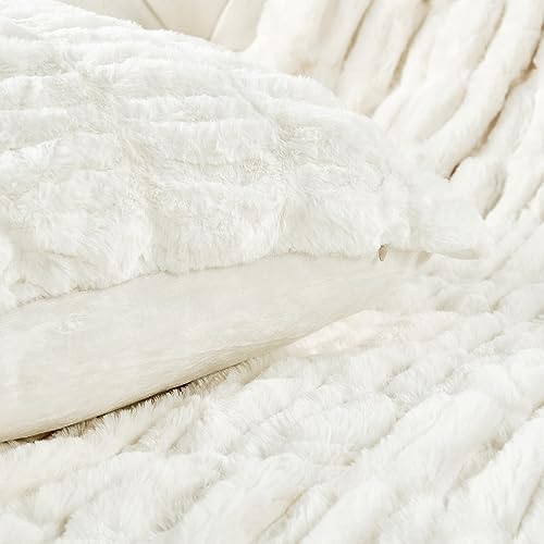 HESTIN Faux Fur Throw and Pillow Set Set of 3 White