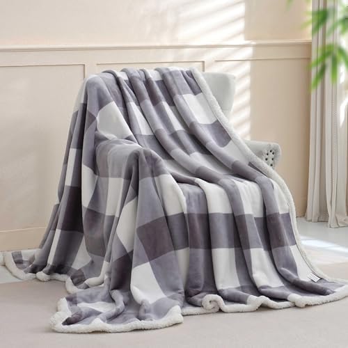 Gracelife Checkered Sherpa Fleece Throw Blanket Grey Twin
