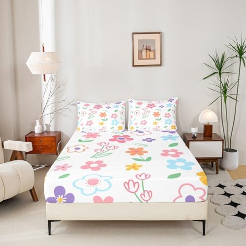 Manfei Kids Cartoon Floral Fitted Sheet Set with 2 Pillowcases