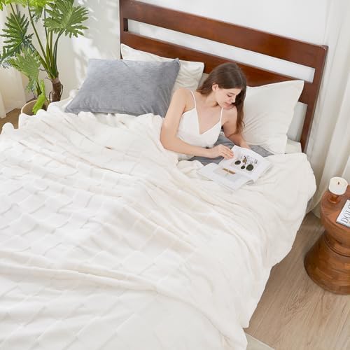 Cozy Bliss Checkered Faux Fur Throw Blanket 50x60 Inches Ivory 1