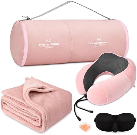 Travel Pillow and Blanket Set with Memory Foam and Sleep Mask