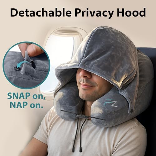 FLOWZOOM Air Inflatable Travel Pillow - H-Shape Hooded with 5 Snooze Modes