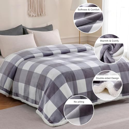 Gracelife Checkered Sherpa Fleece Throw Blanket Grey Twin