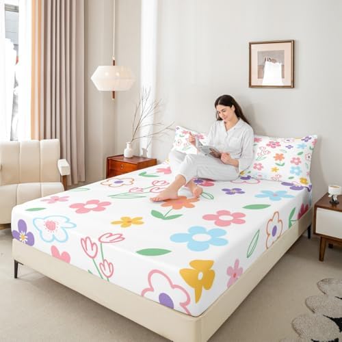 Manfei Kids Cartoon Floral Fitted Sheet Set with 2 Pillowcases