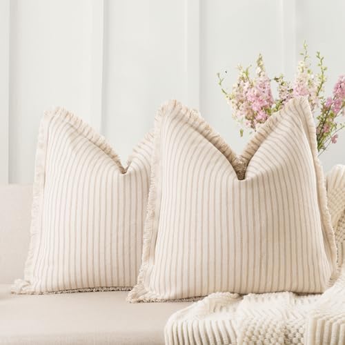 ZWJD Throw Pillow Covers 20x20 Set of 2 Striped with Fringe