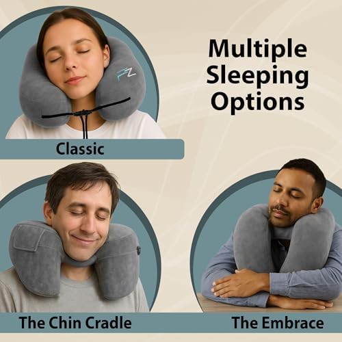 FLOWZOOM Air Inflatable Travel Pillow - H-Shape Hooded with 5 Snooze Modes