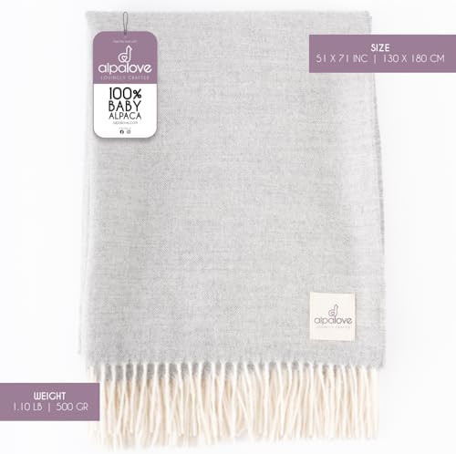 100 Baby Alpaca Throw Blanket with Silver Herringbone Fringes