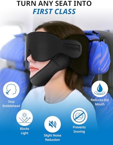 SARISUN Airplane Pillow Combo with Chin Strap and Eye Mask - Black