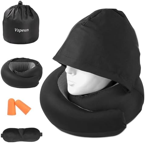 Vzpeun Travel Pillow - Hooded Neck Support for Airplane and Office
