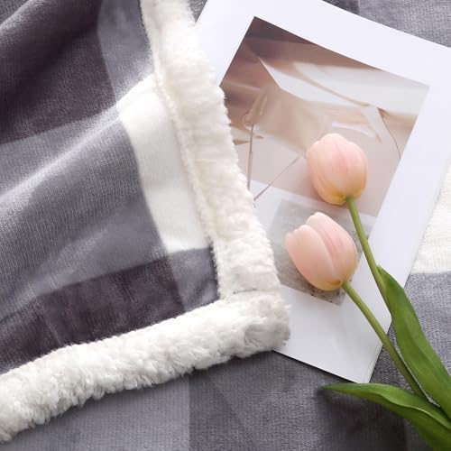 Gracelife Checkered Sherpa Fleece Throw Blanket Grey Twin