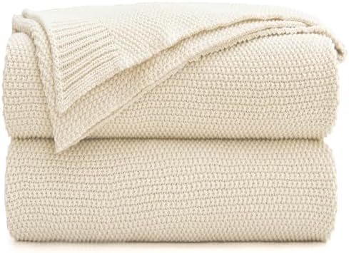 Cream Cotton Cable Knit Throw Blanket - 60x80 Beige