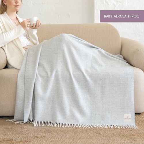 100 Baby Alpaca Throw Blanket with Silver Herringbone Fringes