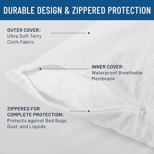 Everlasting Comfort Waterproof Pillow Protectors 2-Pack - Zippered Hypoallergenic Allergy Safe