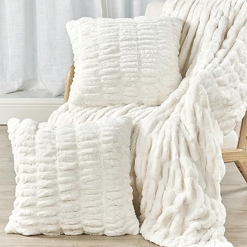 HESTIN Faux Fur Throw and Pillow Set Set of 3 White