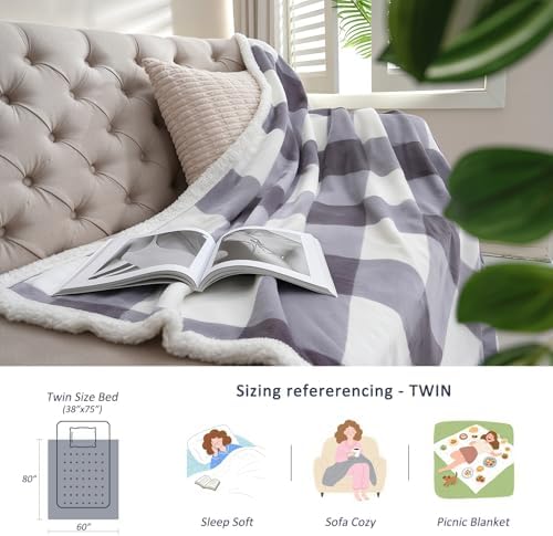 Gracelife Checkered Sherpa Fleece Throw Blanket Grey Twin