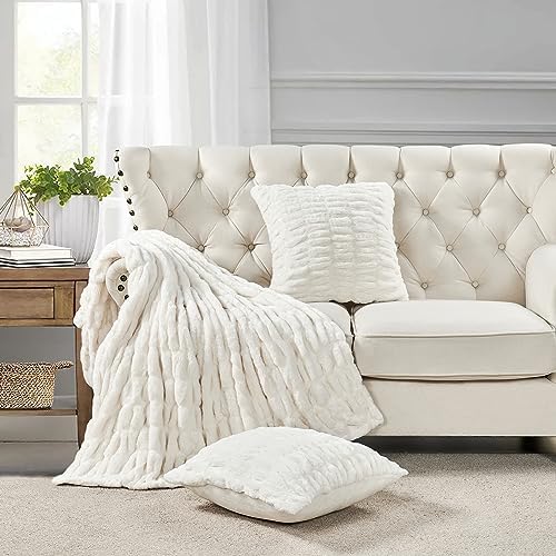 HESTIN Faux Fur Throw and Pillow Set Set of 3 White