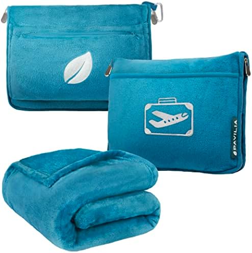 PAVILIA Travel Blanket Pillow with Pockets and Strap - Turquoise