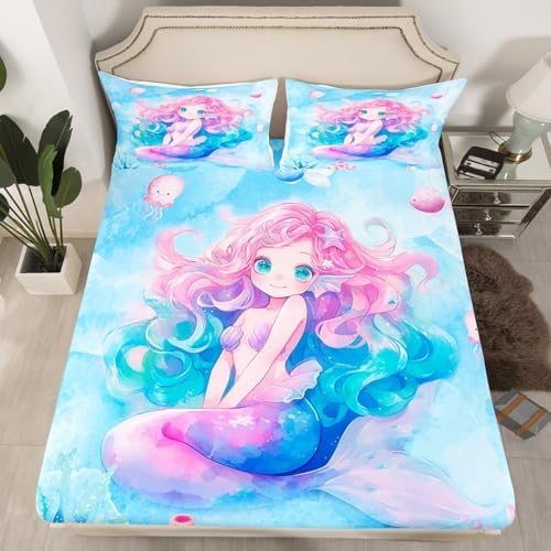 Manfei Mermaid Queen Fitted Sheet Set with Pillow Case