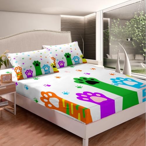 Manfei Colorful Cat Paws Queen Fitted Sheet Set