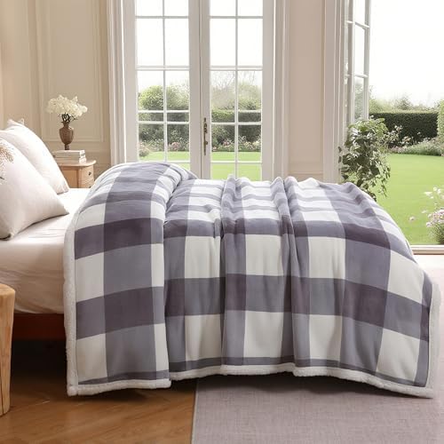 Gracelife Checkered Sherpa Fleece Throw Blanket Grey Twin