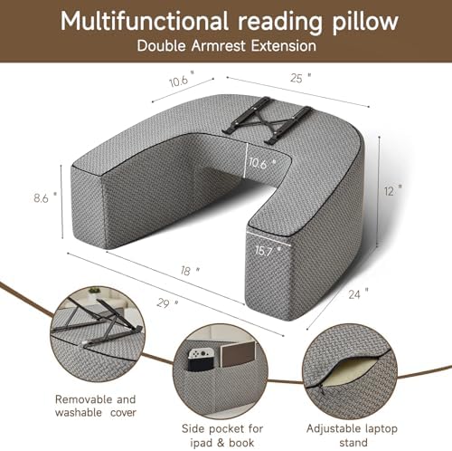 AskDesk Extra Large Reading Pillow with Armrest and Side Pockets