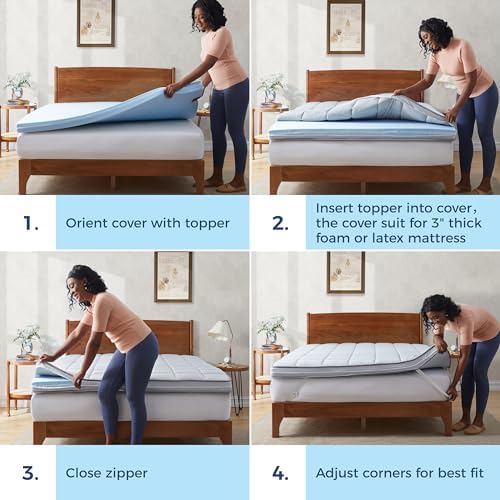 Jamdok 3 Inch Mattress Topper Cover with Zipper and Adjustable Straps