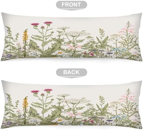 Spring Body Pillow Cover 20x54 Inches Sage Green Wildflower Decorative