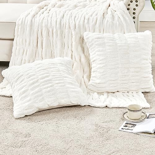 HESTIN Faux Fur Throw and Pillow Set Set of 3 White
