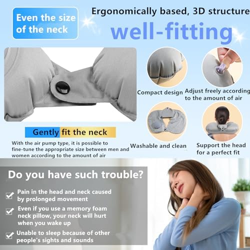 GDEOUP Inflatable Travel Neck Pillow with Pump and Storage Pouch