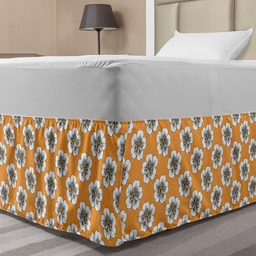 Ambesonne Flower Bedskirt - TwinTwin XL Marigold Brown and White