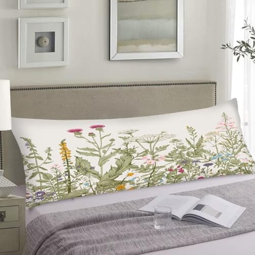 Spring Body Pillow Cover 20x54 Inches Sage Green Wildflower Decorative