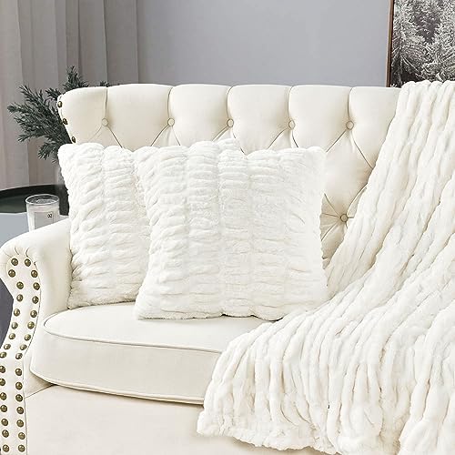 HESTIN Faux Fur Throw and Pillow Set Set of 3 White