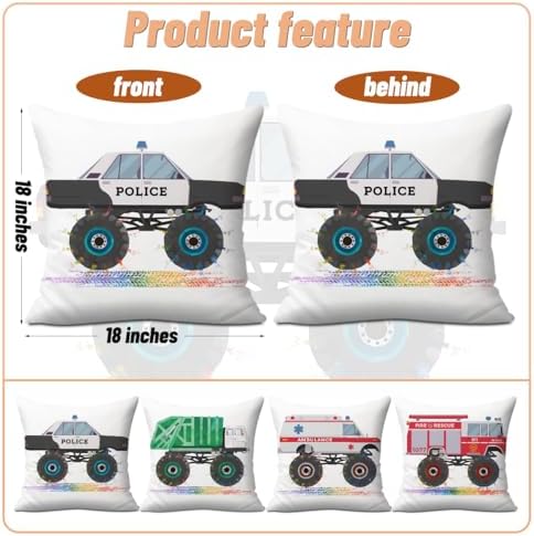 Monster Trucks Pillow Covers Set of 4 18x18