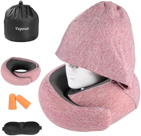 Vzpeun Travel Pillow - Red Hooded Neck Support for Airplane Office Car
