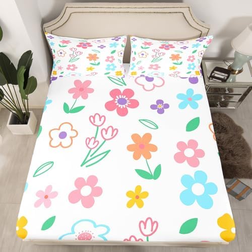 Manfei Kids Cartoon Floral Fitted Sheet Set with 2 Pillowcases