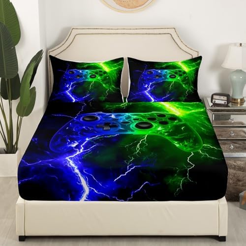 Castle Fairy Gaming Fitted Sheet Twin Size Set Blue Green Lightning