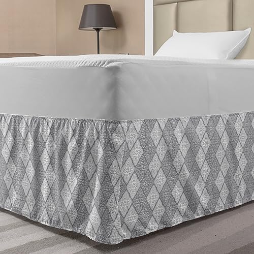Ambesonne Geometric Bedskirt Pale Grey White with Abstract Leaf and Petals Design