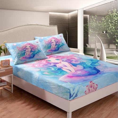 Manfei Mermaid Queen Fitted Sheet Set with Pillow Case