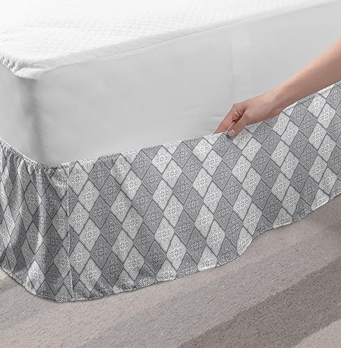 Ambesonne Geometric Bedskirt Pale Grey White with Abstract Leaf and Petals Design