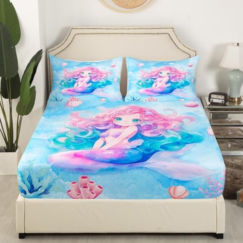 Manfei Mermaid Queen Fitted Sheet Set with Pillow Case