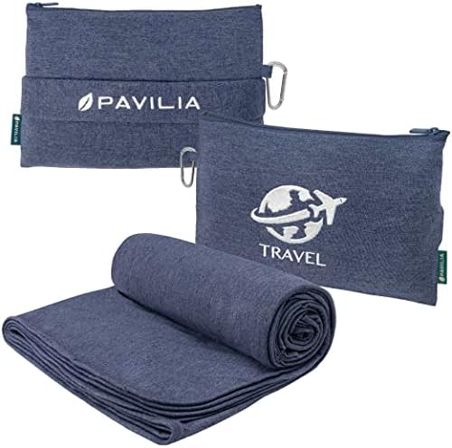 PAVILIA Travel Blanket Pillow Set Compact Packable Navy Blue