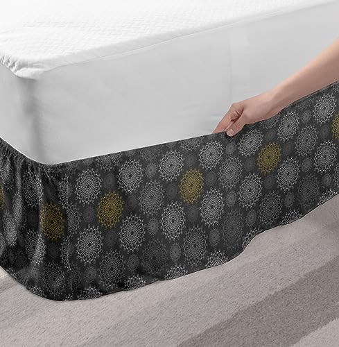 Ambesonne Mandala Bedskirt with Lace Look Pattern Grey and Mustard